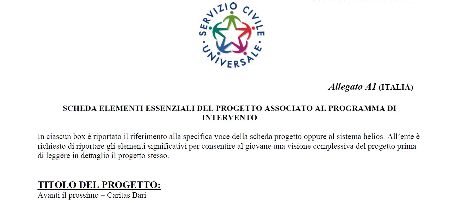 Scheda elementi essenziali progetto AVANTI IL PROSSIMO – BARI